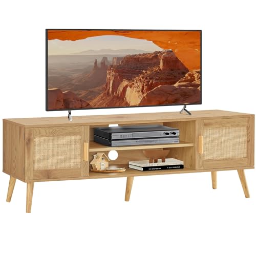 FIONESO Rattan TV Stand for 60 Inch TV, TV Bench, Entertainment Center TV Console with 2 Cabinets & Shelf, Media Console,TV Cabinet for Living Room, Natural+Rattan