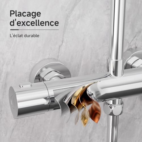 Auralum Round Thermostatic Shower Mixer Tap Zinc and Plastic Thermostatic Shower Column, Anti-Burning Cold Body, Anti-Limescale Shower Faucet, Precise Temperature Control 38°C