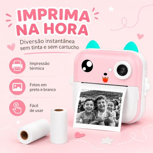 Câmera Infantil Digital Instantânea com Impressão Térmica (Rosa)