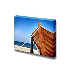 Front View of a Wooden Fishing Boat Sea in Background and Blue Sky - Canvas Art Wall Art - 12" x 18"