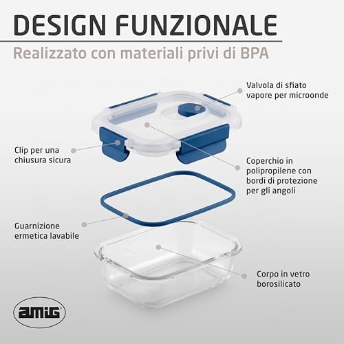 - Set di 3 Contenitori Ermetici in Vetro - 370ml, 640ml, 1050ml - Trasparente - Coperchio in Polipropilene - Adatti per Conservare, Trasportare e Riscaldare Alimenti - Mod. 700