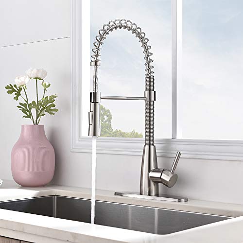 VESLA HOME Modern Commercial Stainless Steel Single Handle Pull Down Sprayer Head Brushed Nickel Kitchen Faucets, Sink Faucet Kitchen with Deck Plate - Thumbnail 2