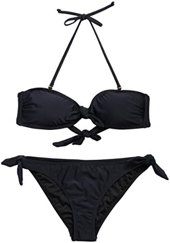 Lebeisa Women's Halter Push Up Bandeau Top Classic Triangle Bottom Two Pieces Bikini Set Swimwear Size XL Color Black