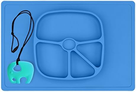 Baby placemat silicone - One-piece silicone placemat for Babies, Toddlers, Children, Kids + plate - Bowl Feeding – Choose Dinnerware all-in-one + Elephant Teether - Big placement Baby Bu (Blue)