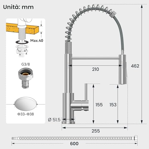 CECIPA Kitchen Sink Tap, Kitchen Mixer Tap with Pull-Out Shower, Kitchen Tap with Two Types of Water Jet, High Arc Kitchen Sink Mixer, Brushed Stainless Steel