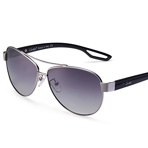 Aviator Sunglasses - Carfia Polarized Sunglasses for Men and Women, Metal Frame & UV400 Protection (Matte Silver Gradient Grey, Multicoloured)