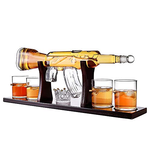 Whiskey Decanter Set, 800ML Elegant Rifle Whiskey Decanter with 4 Bullet Glasses And Pine Base, Lead Free High White Glass, for All Spirits Liquor - Perfect Gift - Thumbnail 7