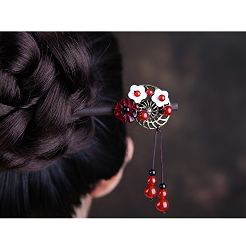7inch- Wooden Hair Pin Chinese Lacquer Plum blossom Shell Hair Sticks Hairpin with Tassel Pearls Dangle Retro for Women Girls Long Hair Styling (Plum blossom)