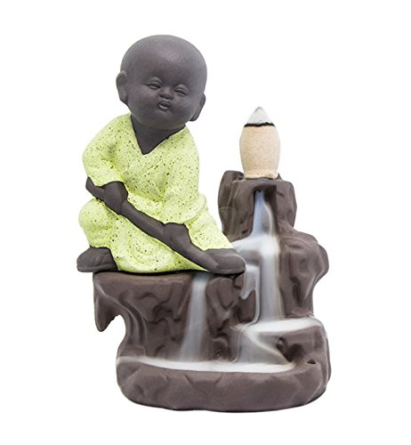 CORCIO Incense Burner Backflow Tower Cones Sticks Holder Ceramic Porcelain Buddha Monk Ash Catcher-IN008Yellow