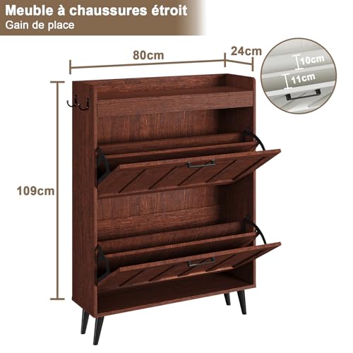 ELUREVIA Meuble à Chaussures à 2 Abattants, Armoire à Chaussures Étroit Style Campagne, Capacité 12 à 16 Paires, Rangement pour Entrée, Salon et Couloir, Noyer