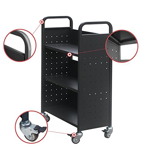 Heavy Duty Book Carts With Wheels, 4Wheel Rolling Library Book Cart, 3