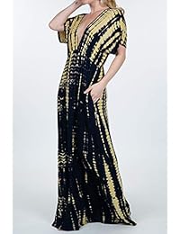 Cokuco - Vestido largo de manga corta con cuello en V, plisado, con bolsillos