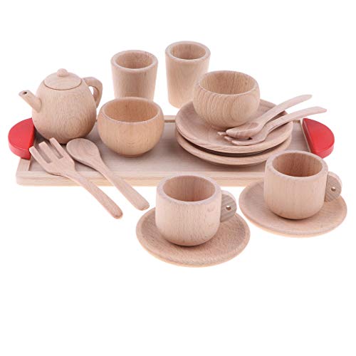 B Blesiya 16-Piece Wooden Tea Set Pretend Play Toy Educational Game for Kids Children - Soild Beech Saucer Cup Salver Teapot Coffee Set