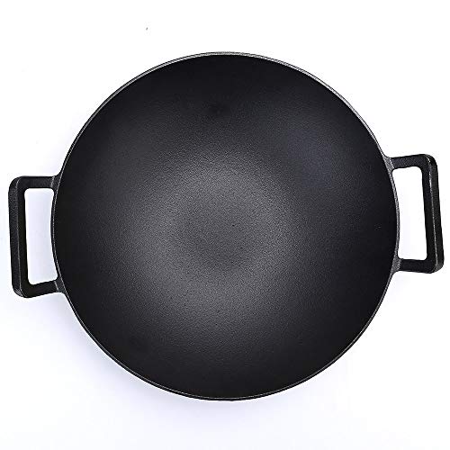 14-Inch Cast Iron Wok Set (Pre-Seasoned), Glass Lid & Silicone Hot Handle Holders