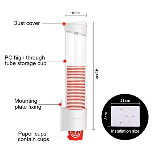 Samhe Cup Dispenser Large Pull Type,Paste or Screw Plate Mountable,Fits 7oz to 12oz Cone or Flat Bottom Cup,17"Tube,Mounting Water Dispenser Cooler or Wall,Attractive at Home Office (Large,White)