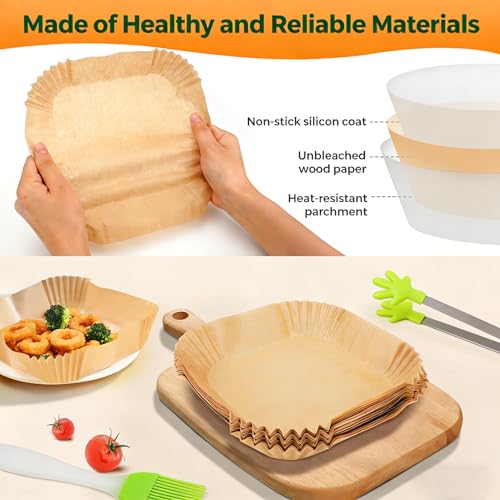 100 Pcs Air Fryer Papers Disposable, Unbleached Parchment Paper for Air Fryer, Non-Stick and Oil Proof for Easy Cleanup, 6.3inch/16cm, Square