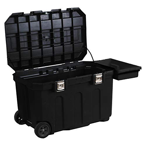 Stanley 1-93-278 Servante De Chantier Roulante Grande Capacité - 946 X 578 X 578Mm - 190 L - Plateau Porte-Outils Amovible - Couvercle Aménagé - Poignée Télescopique - 2 Roues à Bandage