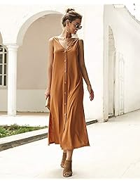 Vestido de verano para mujer con botones de cambio y bolsillos laterales con cuello en V abiertos, sin mangas, largo