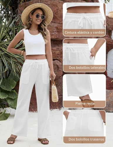 Fashora Women's Summer Trousers Lightweight Wide Comfortable Elastic Waist Flowy Casual Palazzo Trousers Elegant with Pockets and Drawstring Adjustment.
