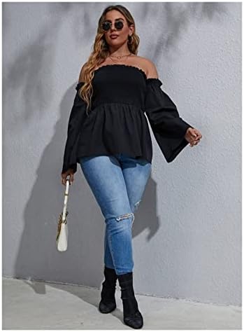 Shirred Bell Sleeve Peplum Blouse Tops 