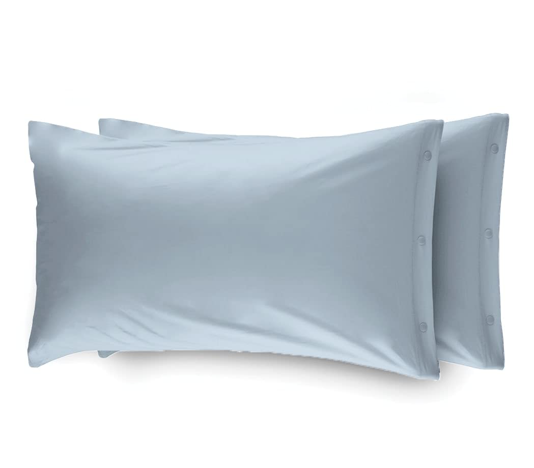 BIANCHERIAWEB WEB LINEN Pair of 100% Cotton Pillow Cases with Side Buttons 52x82, Plain Blue