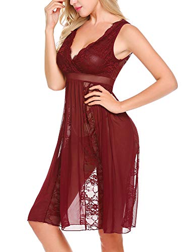 Avidlove Womens Sexy Long Red Lace Lingerie Nightdress Sheer Nightgown Chemise,Medium,Dark Red - Thumbnail 4