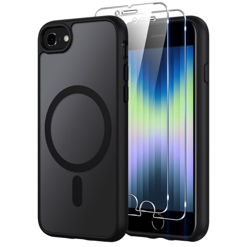 Oelrstfe Case for iPhone SE 3/2 (2022/2020) iPhone 8/7 Compatible with MagSafe with 2 Tempered Glass, Magnetic Translucent Matte Back Cover, Protective Lens Slim Shockproof Case, Black