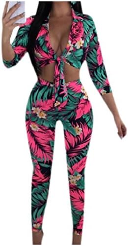Mfasica Womens Stylish Print Tie Knot Front Long Sleeve Tops Long Pants Set 1 M