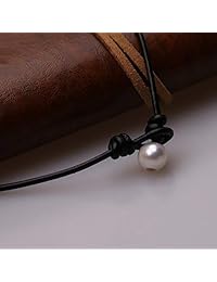 Gargantilla de 3 pulgadas con perlas cultivadas de agua dulce blancas en cuerda de cuero genuino con nudos para mujer