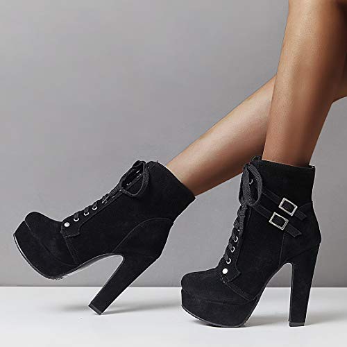Susanny Women Autumn Round Toe Lace Up Ankle Buckle Chunky High Heel Platform Knight Suede Black Martin Boots 7.5 B (M) US - Thumbnail 6