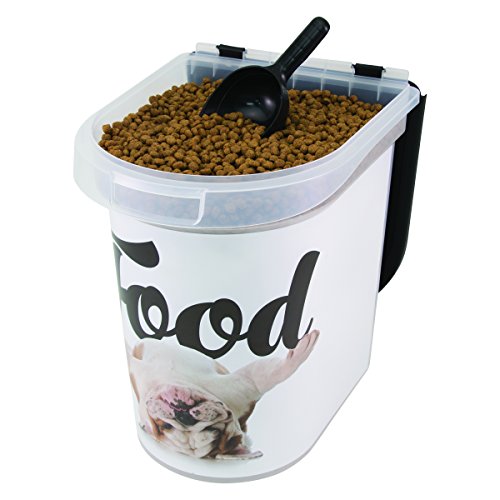 Paw Prints 26 Pound Plastic Rolling Pet Food Bin, Carlos the Bulldog Design, Includes Measured Scoop, 15.5 x 16.75 x 13.25 Inches (37579)