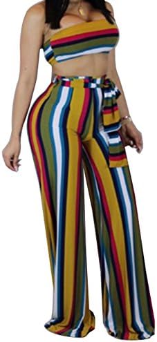 Women's Sexy 2 Pieces Outfits Stripe Bandeau Top and Wide Long Pant Set Jumpsuit Rompers Clubwear Yellow Medium