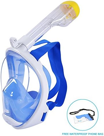 Full Face Snorkel,GOLDEN V Diving Panoramic View Mask with Anti-Fog Lenses,+phone Waterproof Pouch for adult (White+Blue, L)