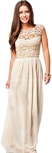Acediscoball Women's Lace Chiffon Wedding Summer Holiday Evening Gown Maxi Dress Size M/US 8-10 Beige