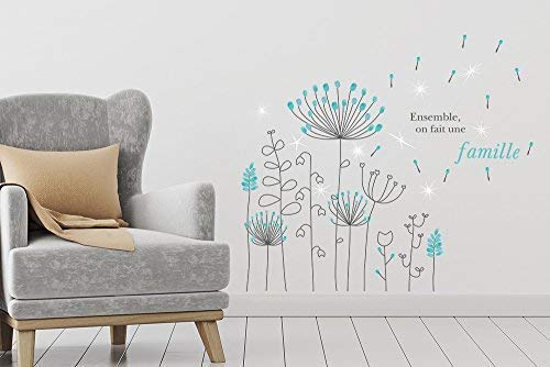 WALPLUS French Quote Blue Dandelion with Swarovski Crystals Wall Sticker, Vinyl, Multi-Colour, 23.5 x 35 x 2.5 cm