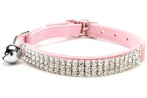 CHUKCHI Soft Velvet Safe Cat Adjustable Collar Bling Diamante with Bells,11 inch for Small Dogs and Cats (Pink)