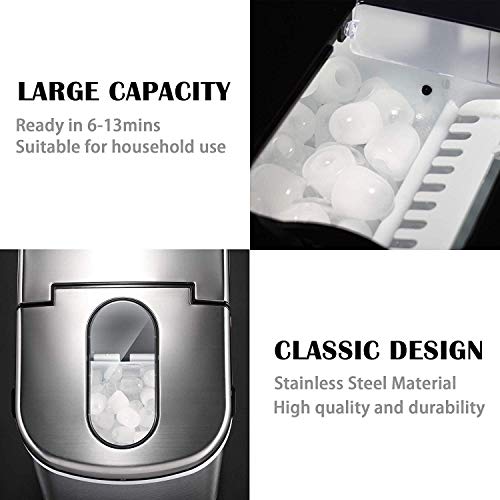 Countertop Ice Maker Machine,Portable Automatic Ice Maker,Ice Cubes Ready in 6 Mins,/1.5lbs Ice Storage,26lbs/24h,Ice Scoop and Basket,See-through Lid,LCD Display (Stainless Steel-2)