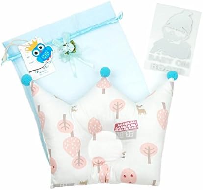 KooCoo Baby Pillow Version 2 For Newborn, Cotton Fabric || Protection for Flat Head Syndrome || Come with + A Gift Bag + A Name Tag + A 'Baby on Board' Car Sticker (Sweet Home Pink)