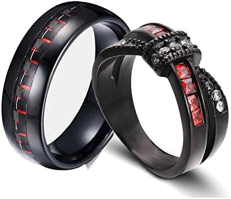 Two Rings His and Hers Wedding Ring Sets Couples Rings Women's Black Gold Filled Red Agate Cubic Zirconia Wedding Engagement Ring Bridal Sets & Men's Stainless Steel Wedding Band