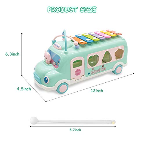 Lydaz Pull Along School Bus Toy with Xylophone, Shape Sorter (6 Alphabets Blocks), Multifunctional Vehicles for Baby Toddlers Kids Boys Girls Preschool