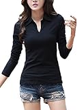 Smartprix Womens Cotton Long Sleeve t Shirts Solid Color Casual V Neck Polo T Shirt Tops