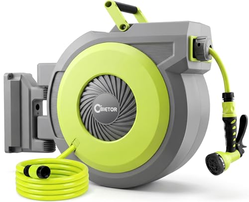 Bietor Hose Reel 40 m + 2 m, Garden Hose Drum with 180° Swivelling, Wall Hose Box with 9 Functions, Garden Shower, Automatic Retraction System and Locking in Any Length for Garden