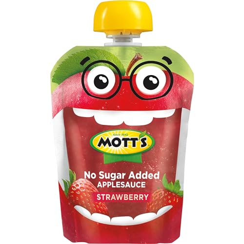 MOTT’S NO SUGAR ADDED STRAWBERRY APPLESAUCE, 3.2 OZ CLEAR POUCHES, 12 COUNT