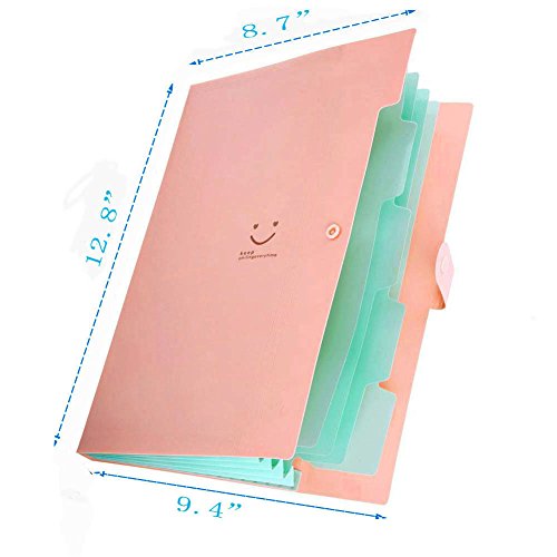 LANGSHOP Letter A4 Accordion Folder Expanding File Organizer 5 Pockets with 2 Transparent File Holders (Pink)