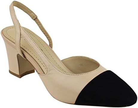 LANINI JA01 Women's Genuine Leather Two Tone Chunky Heel Slingback Dress Pumps, Color:BEIGE/BLACK, Size:37.5 EU / 7.5 B(M) US