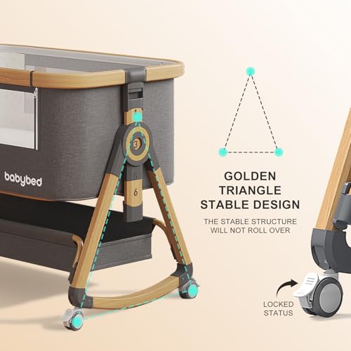 Jimberbay Baby Bassinet, 4 in 1 Bedside Cribs with 4D Air Fiber Mattress & Mosquito Net, Waterproof Mattress Bedside Sleeper Baby Cot with Height Adjustment & Storage Basket, Light Grey