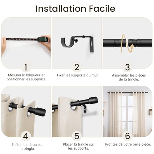 DEFYNEE Curtain Rod 81-218 cm Matt Black, Diameter 25 mm, Metal Rod for Eyelet Curtains, Extendible Ideal for Bedrooms, Living Rooms & French Doors