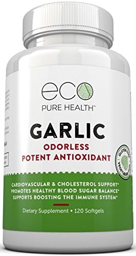 Garlic Odorless Potent Antioxidant Supplement, Boosts Immune System, Supports Cardiovascular & Cholesterol, Promotes Healthy Blood Sugar Balance, 120 Count by Eco Pure Health