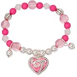 Girls Pink Enamel Heart Charm Silver Tone Beaded Stretch Bracelet