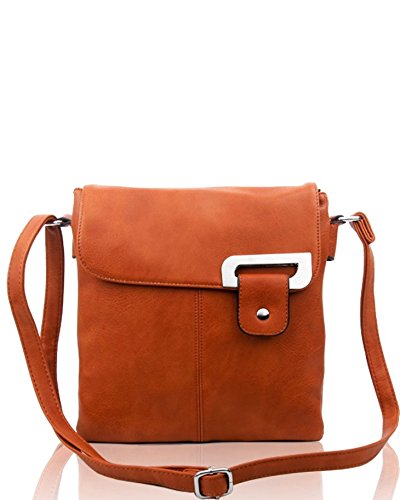 New Women's 2 Compartments High Quality Faux Leather Flip Handbag Crossbody Messenger Shoulder Bag (Tan)